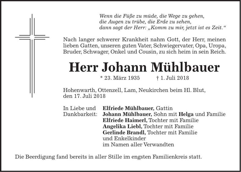 Traueranzeige Johann Mühlbauer