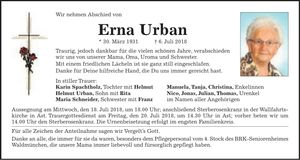 Traueranzeige Erna Urban