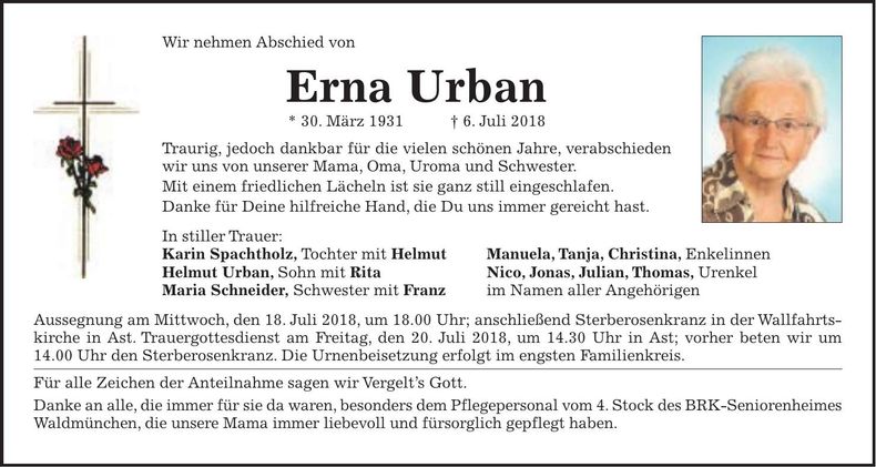 Traueranzeige Erna Urban