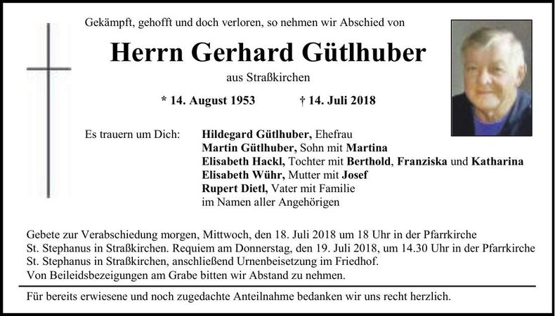 Traueranzeige Gerhard Gütlhuber