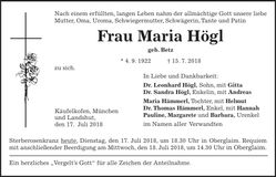 Traueranzeige Maria Högl