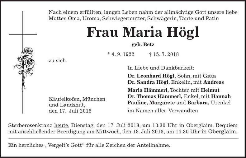 Traueranzeige Maria Högl