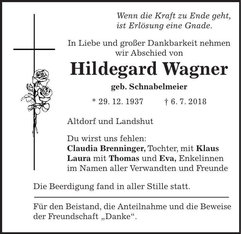 Traueranzeige Hildegard Wagner