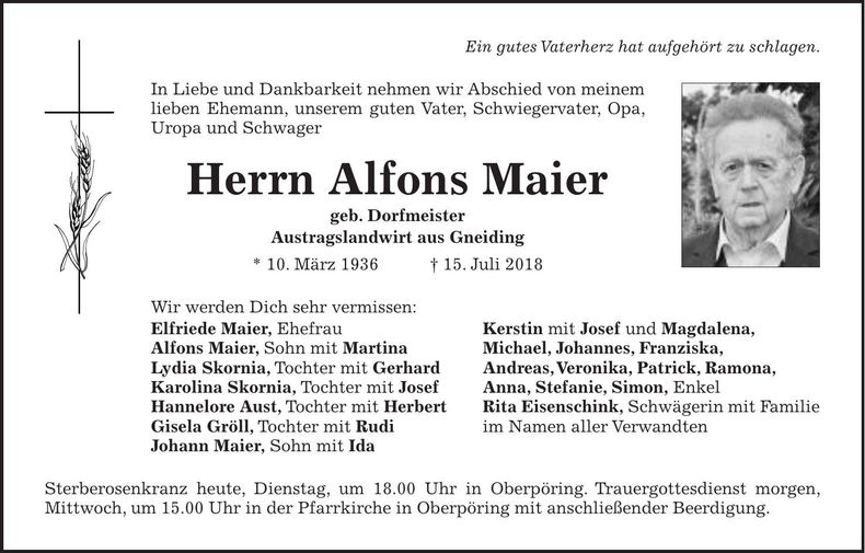 Traueranzeige Alfons Maier