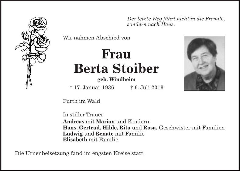 Traueranzeige Berta Stoiber