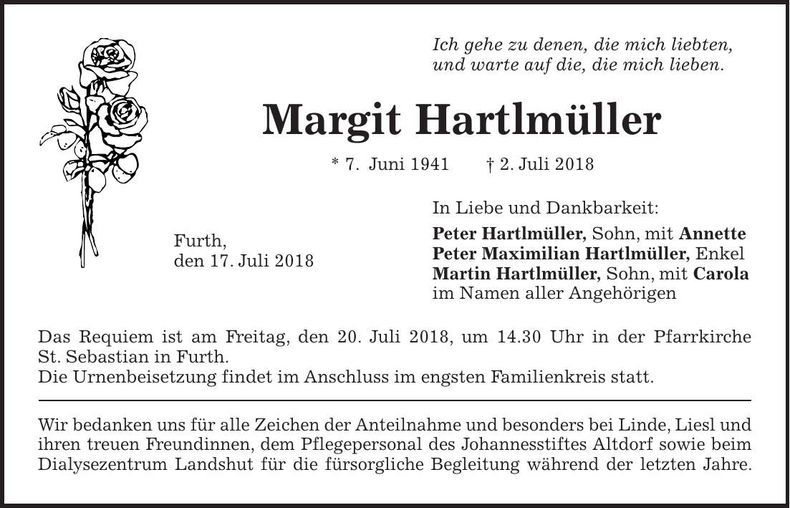 Traueranzeige Margit Hartlmüller
