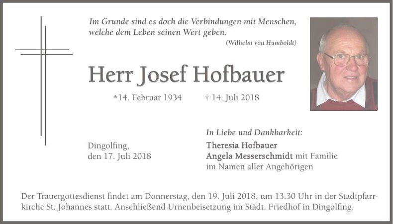 Traueranzeige Josef Hofbauer