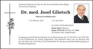 Traueranzeige Josef Glietsch