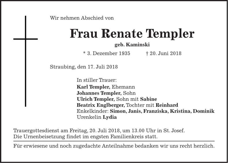 Traueranzeige Renate Templer