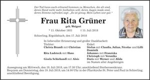 Traueranzeige Rita Grüner