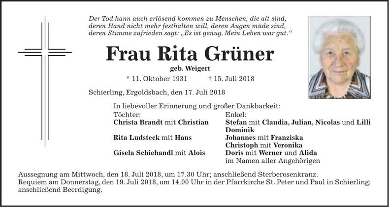 Traueranzeige Rita Grüner