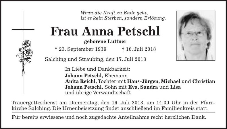 Traueranzeige Anna Petschl