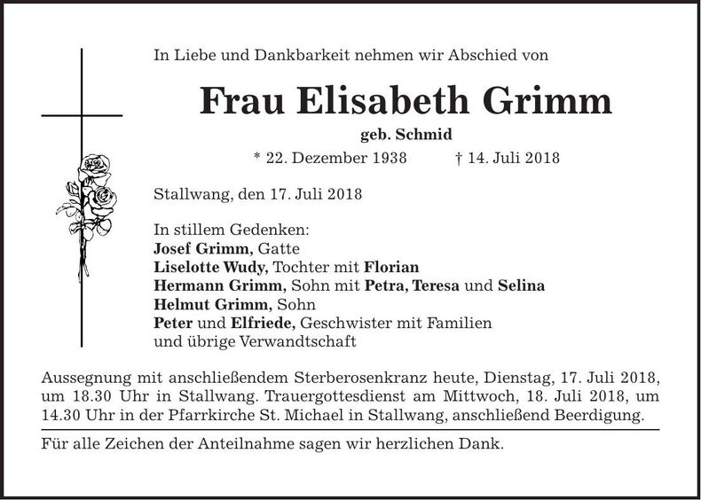 Traueranzeige Elisabeth Grimm