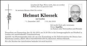 Traueranzeige Helmut Klossek
