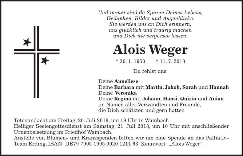 Traueranzeige Alois Weger