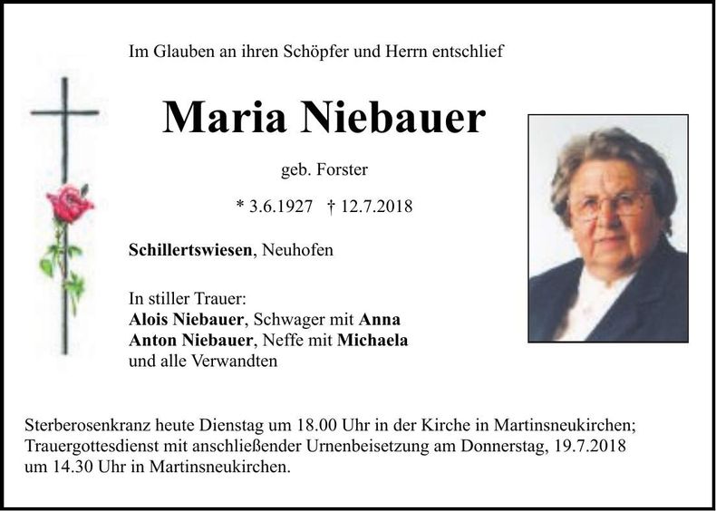 Traueranzeige Maria Niebauer