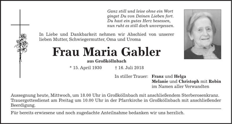Traueranzeige Maria Gabler