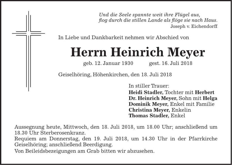 Traueranzeige Heinrich Meyer
