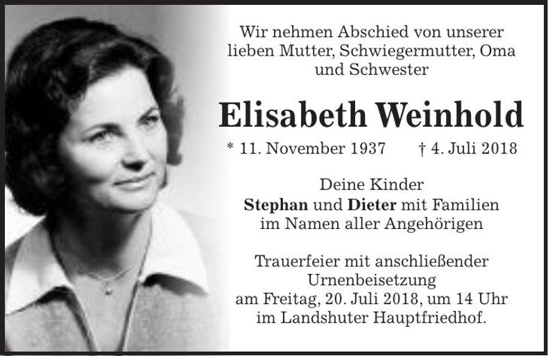 Traueranzeige Elisabeth Weinhold