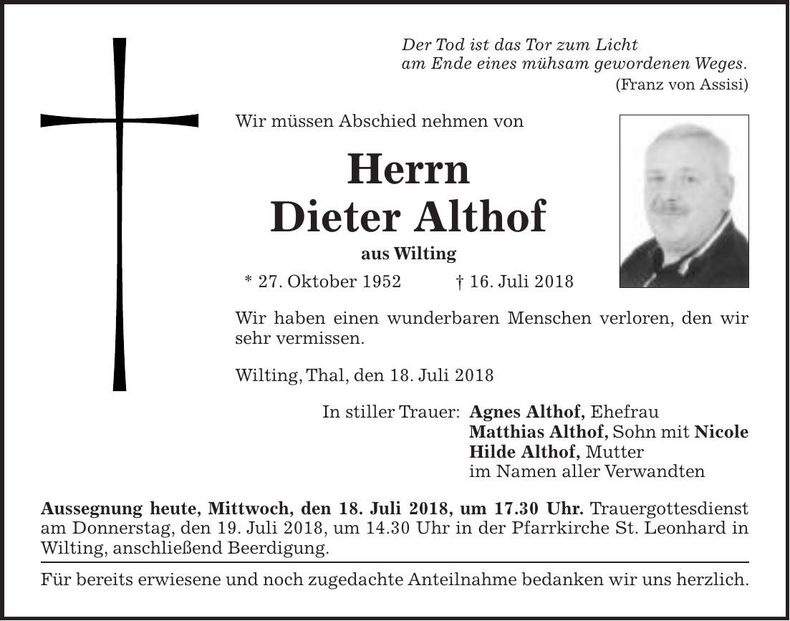 Traueranzeige Dieter Althof