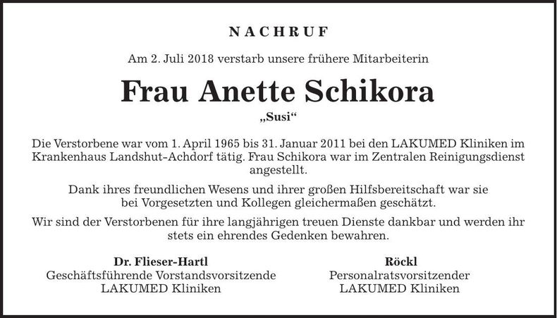 Traueranzeige Anette Schikora