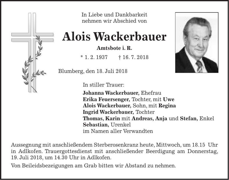 Traueranzeige Alois Wackerbauer