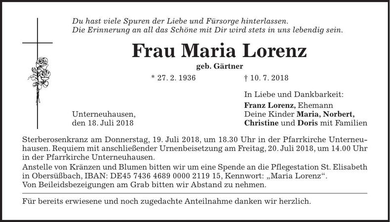 Traueranzeige Maria Lorenz