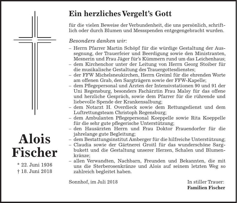 Traueranzeige Alois Fischer