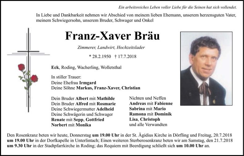 Traueranzeige Franz-Xaver Bräu