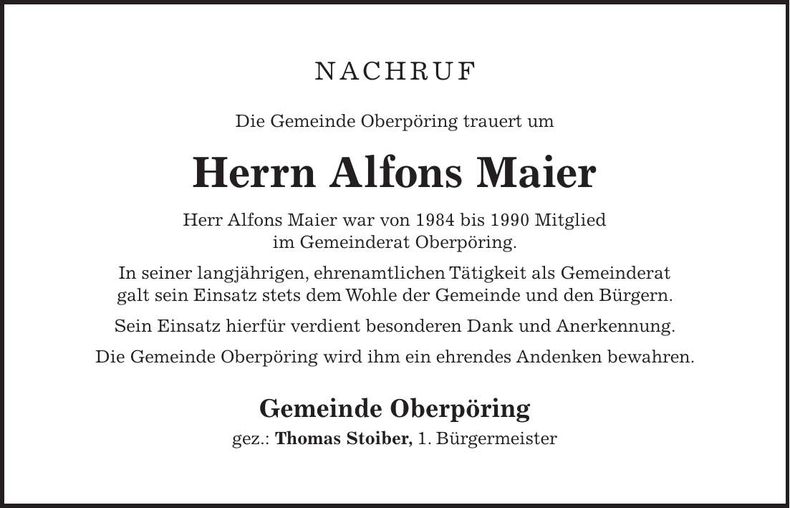 Traueranzeige Alfons Maier