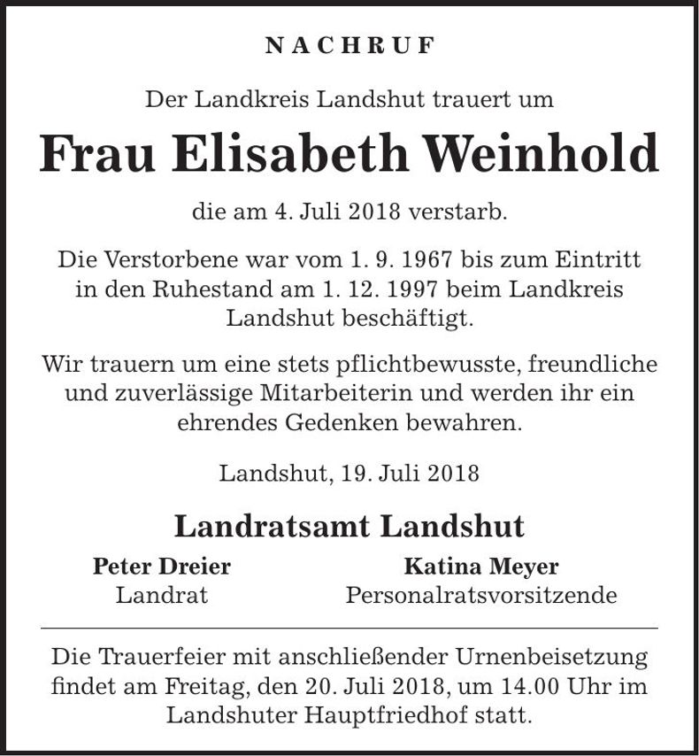 Traueranzeige Elisabeth Weinhold