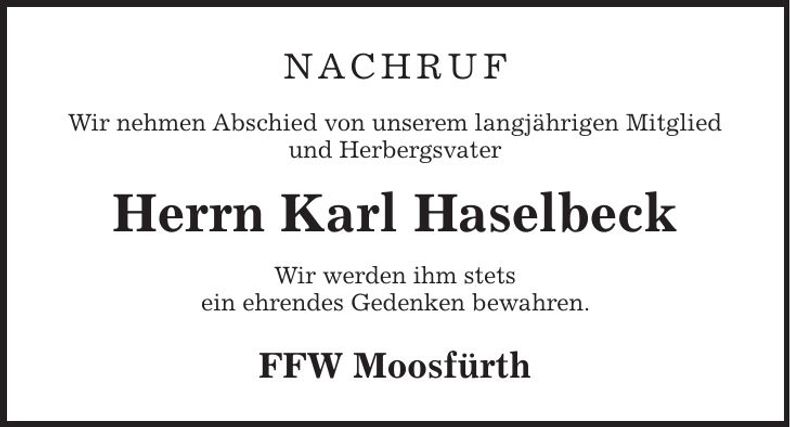 Traueranzeige Karl Haselbeck