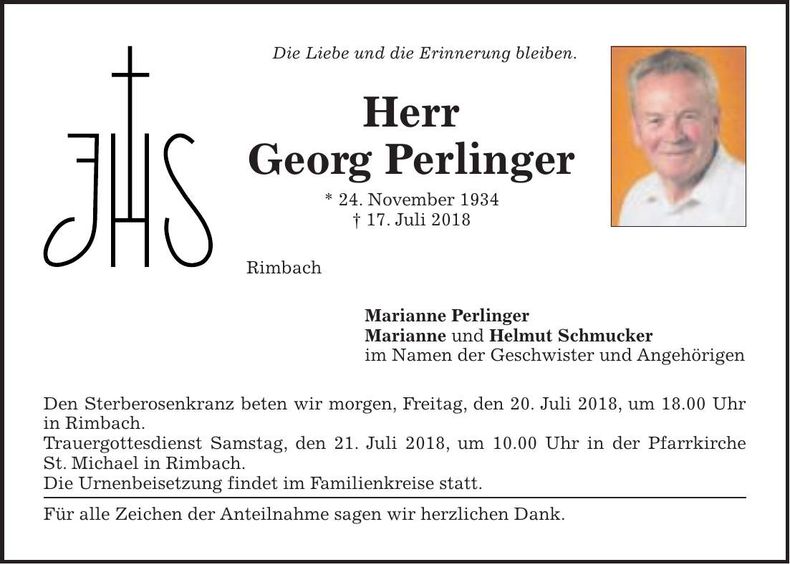 Traueranzeige Georg Perlinger