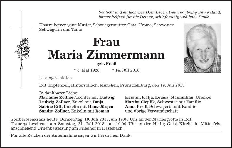 Traueranzeige Maria Zimmermann