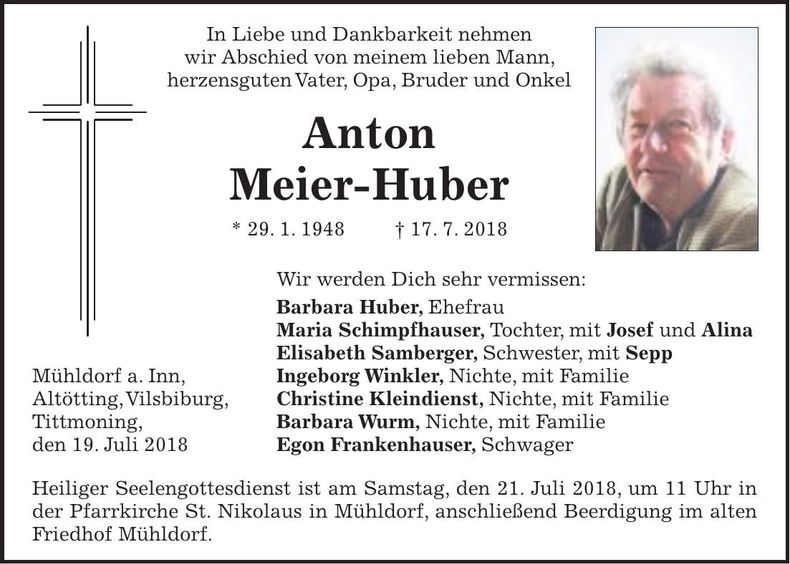 Traueranzeige Anton Meier-Huber
