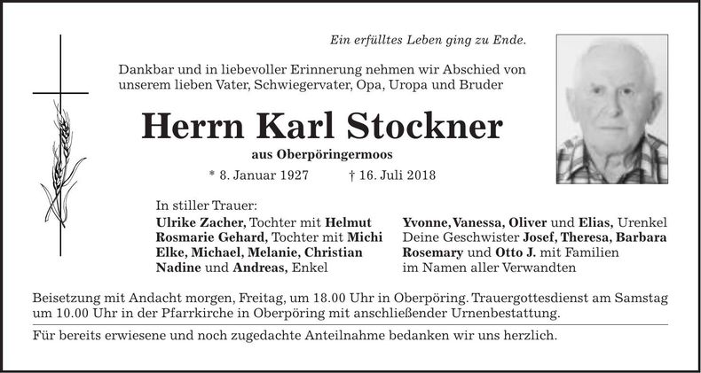 Traueranzeige Karl Stockner