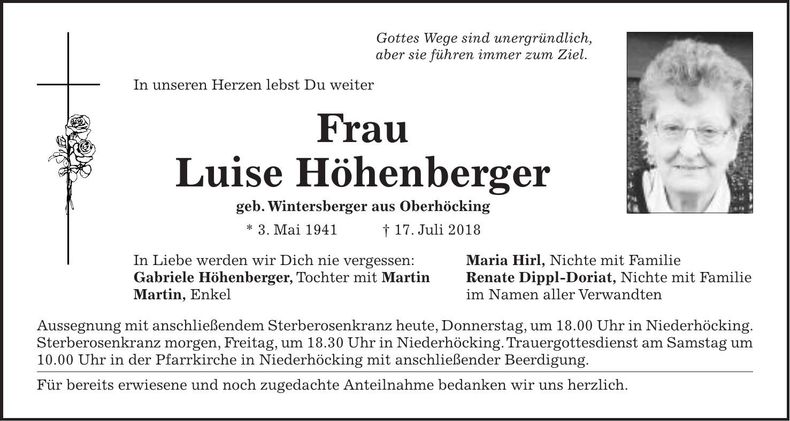 Traueranzeige Luise Höhenberger