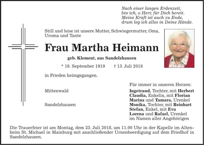 Traueranzeige Martha Heimann
