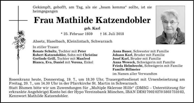 Traueranzeige Mathilde Katzendobler