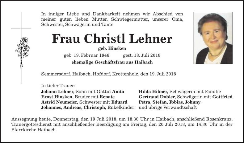 Traueranzeige Christl Lehner