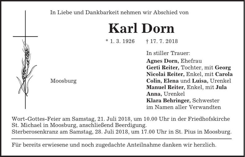 Traueranzeige Karl Dorn