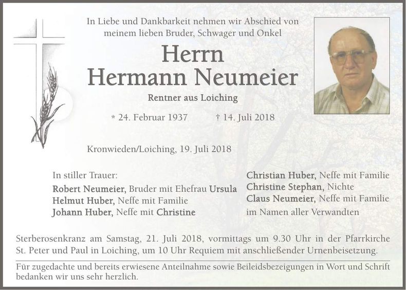 Traueranzeige Hermann Neumeier