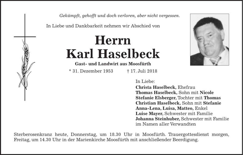 Traueranzeige Karl Haselbeck