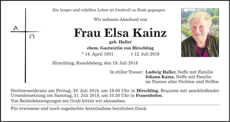 Traueranzeige Elsa Kainz