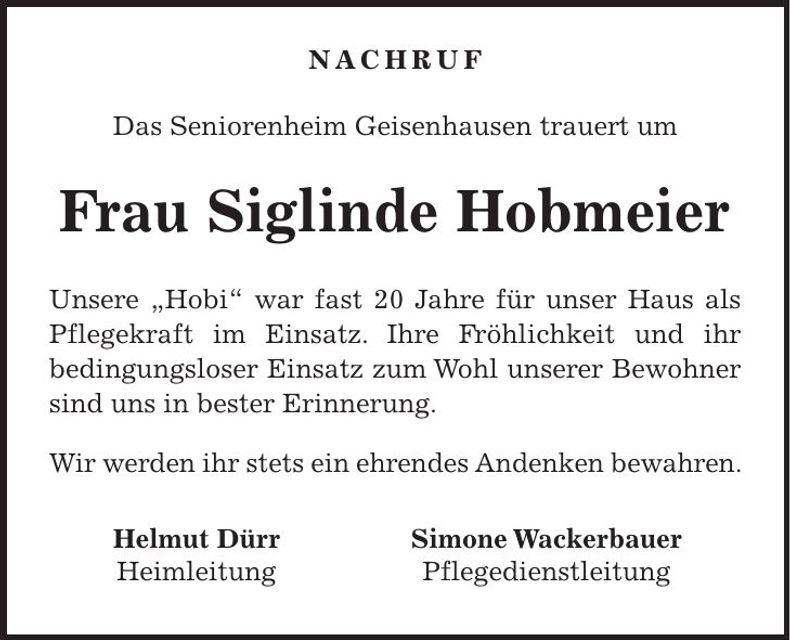 Traueranzeige Siglinde Hobmeier