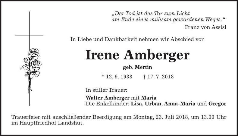 Traueranzeige Irene Amberger