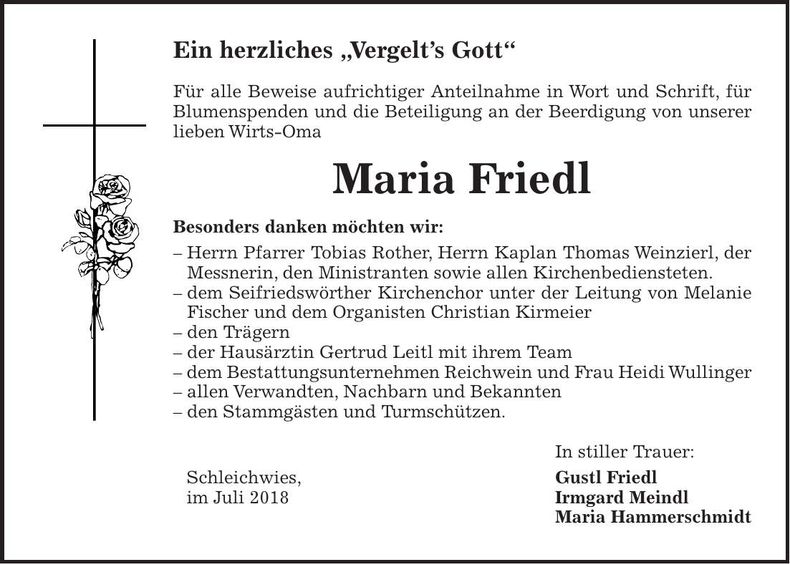 Traueranzeige Maria Friedl