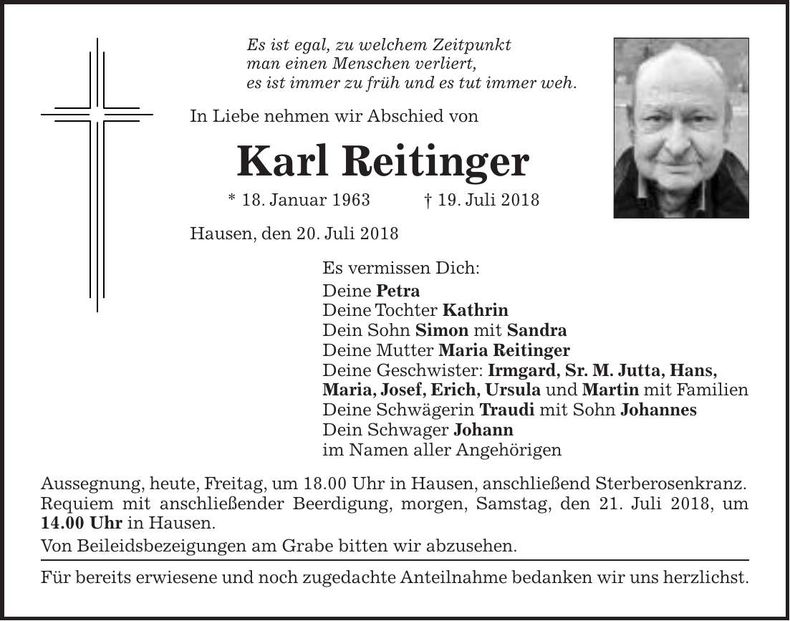 Traueranzeige Karl Reitinger