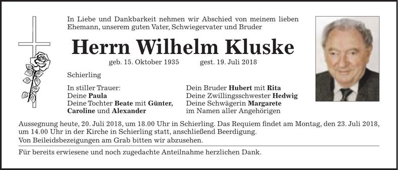Traueranzeige Wilhelm Kluske
