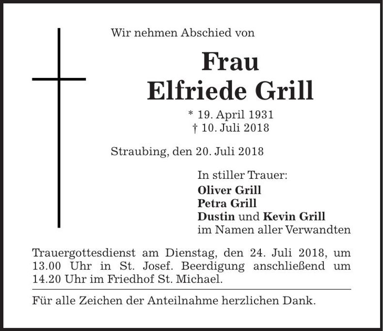 Traueranzeige Elfriede Grill